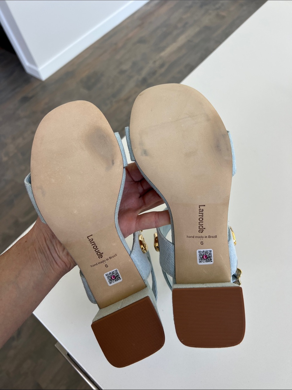 Larroude madison block light blue denim maya heels open toe sandals gold 6 - Picture 5 of 16